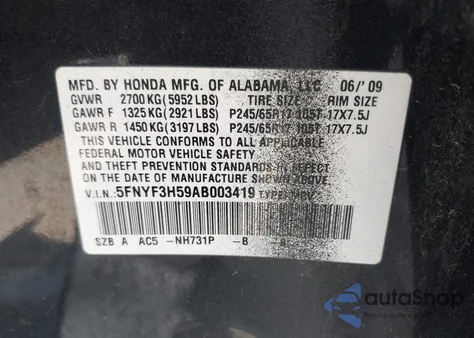 2010 Honda Pilot Ex-L из США, поврежденный, VIN 5FNYF3H59AB003419